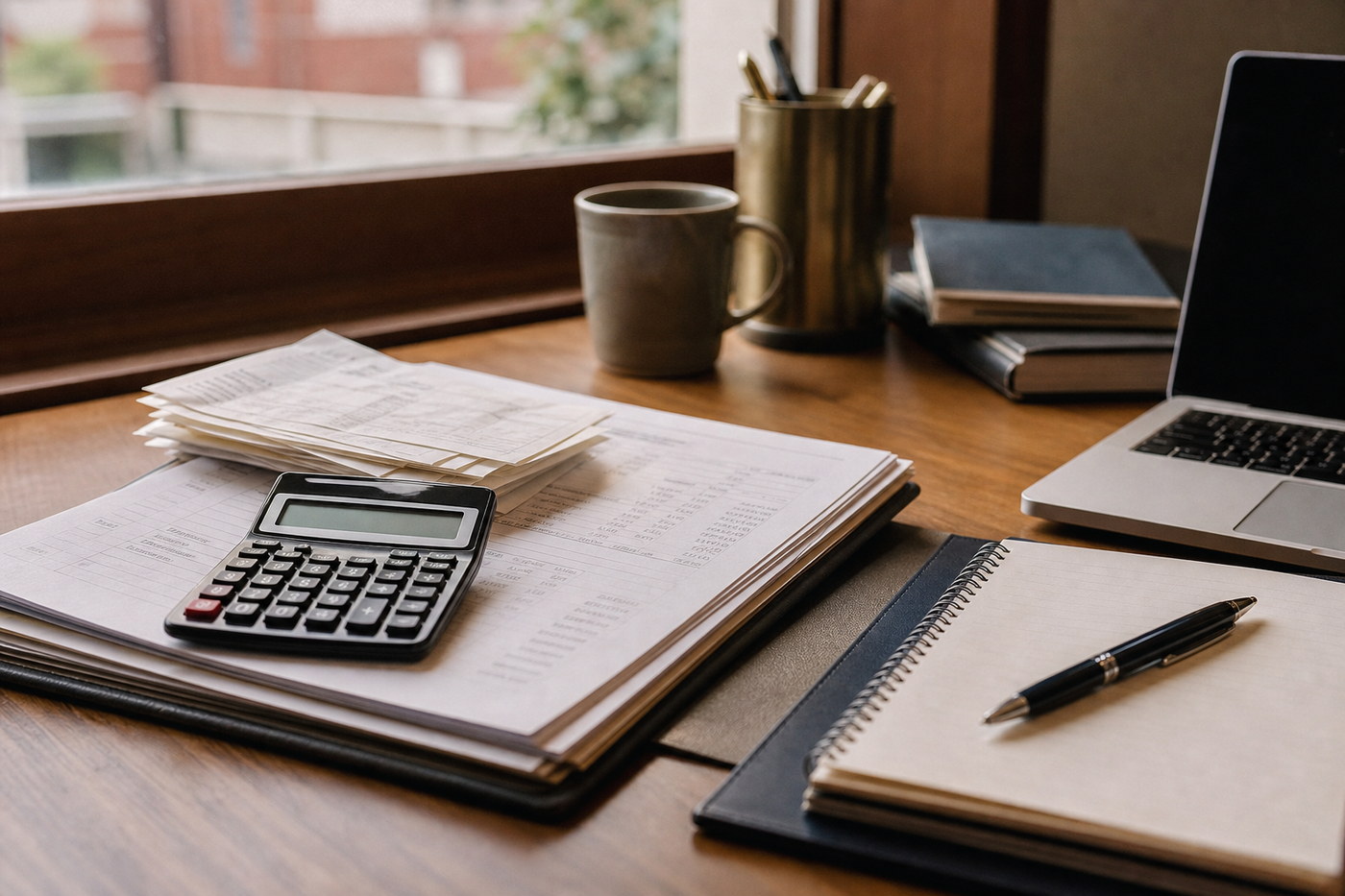 Accounting papers, calculator and notebook on a desk